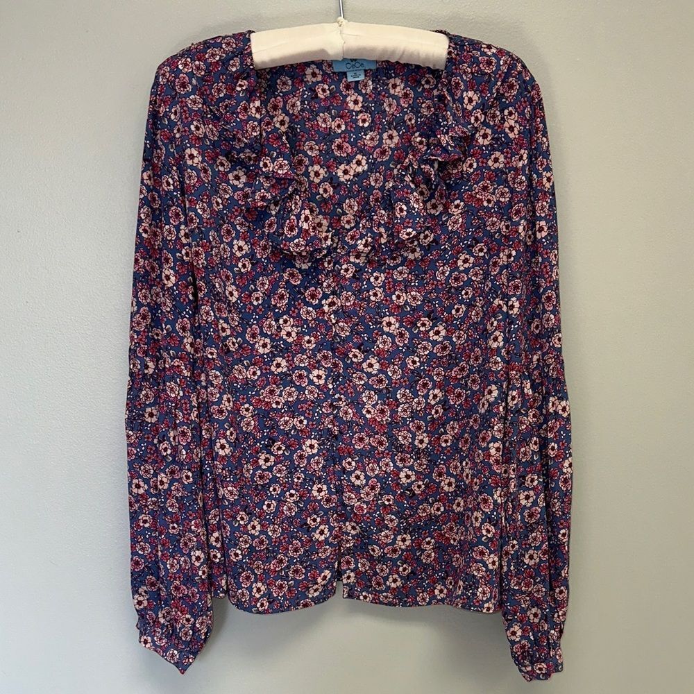 CeCe XL Blue Pink Fuchsia Ruffle V-Neck Neck Long Sleeve Floral Blouse